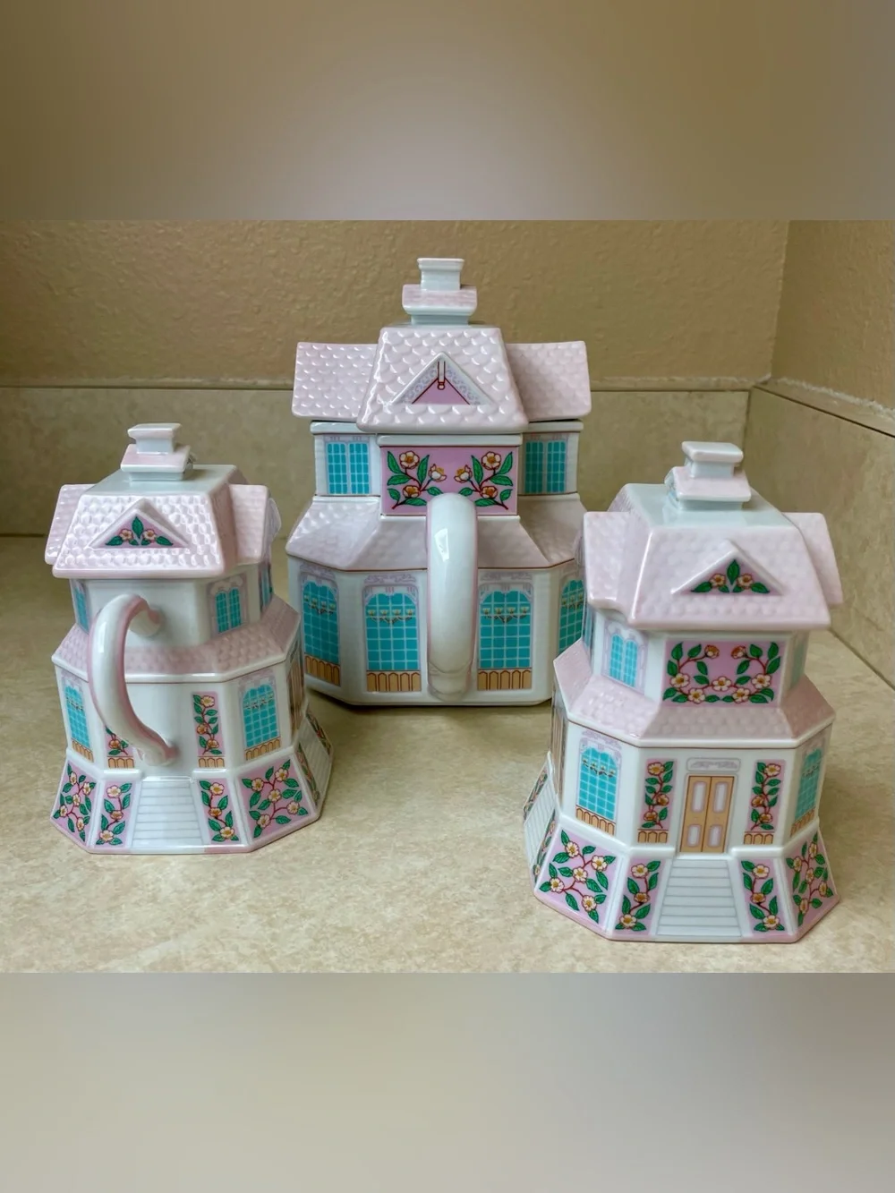 Lenox Village Tea Room 3 Pc Set  Teapot, Creamer, Sugar w/ Spoon  Vintage 1991